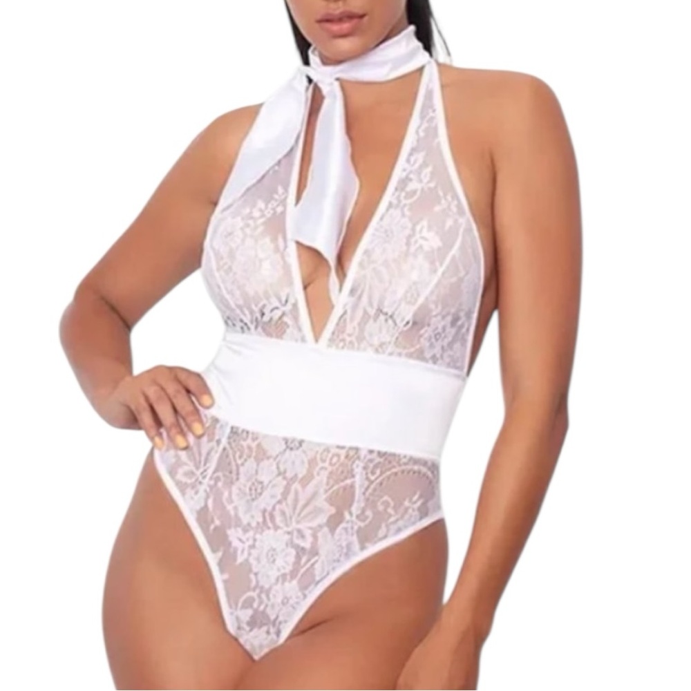 NWT Frederick's of Hollywood Elodie White Satin Lace Bow Tie Teddy Lingerie Sz S